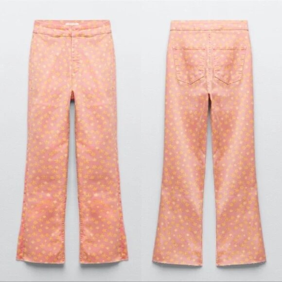 🦋 NWT 🌸 ZARA High Waist Stretch Flared Leg Flower Print Jeans Pink Yellow Sz 0 - Picture 2 of 7